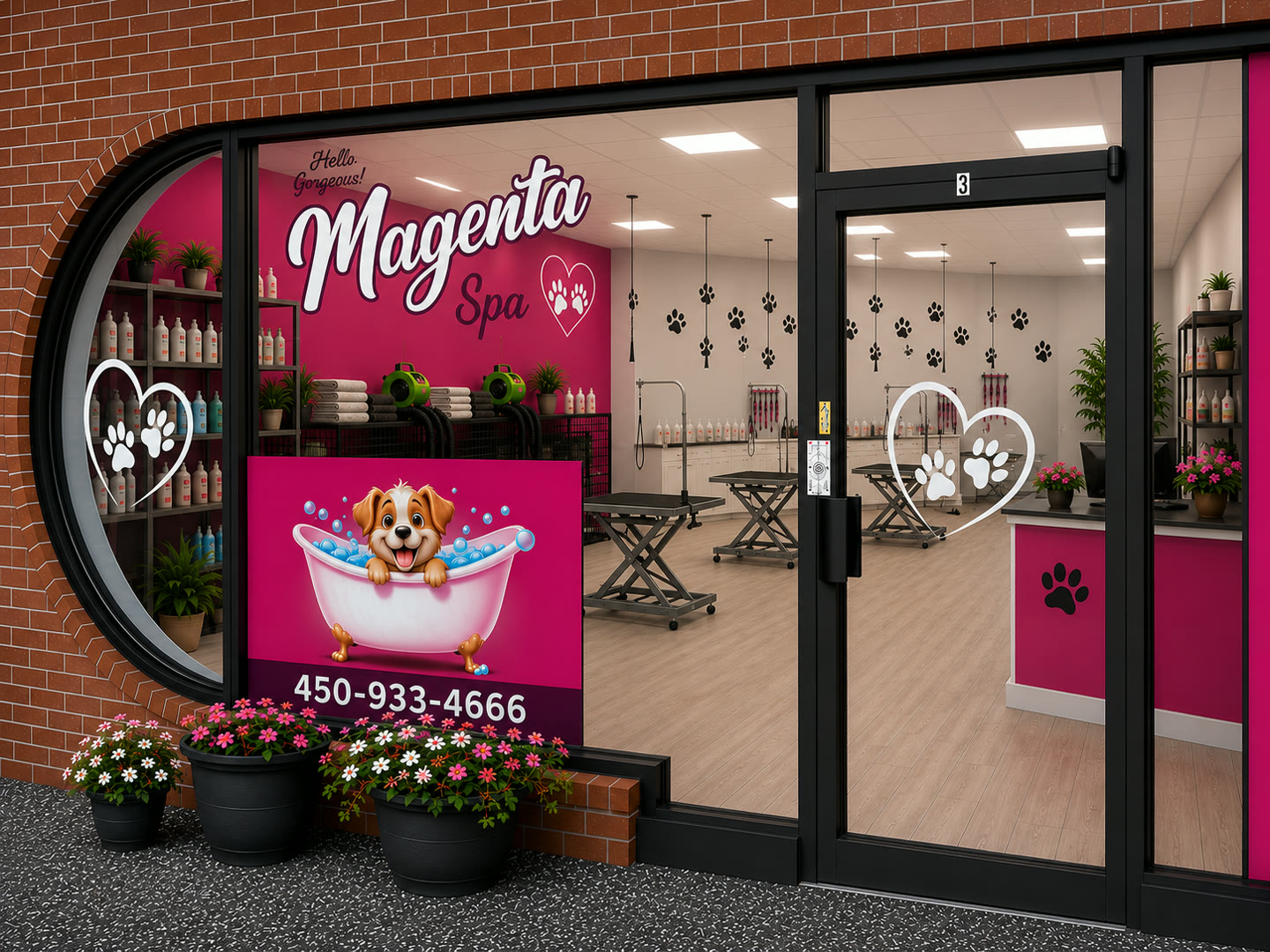 La devanture de Magenta Spa : vitrine arrondie, chien dans le bain et entrée vitrée